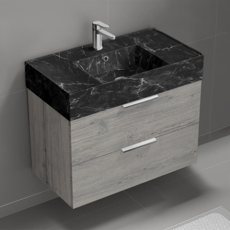 Bathroom Vanity Floating Bathroom Vanity, Modern, 32 Inch, Black Marble Style Sink, Chrome Handles Nameeks DERIN893